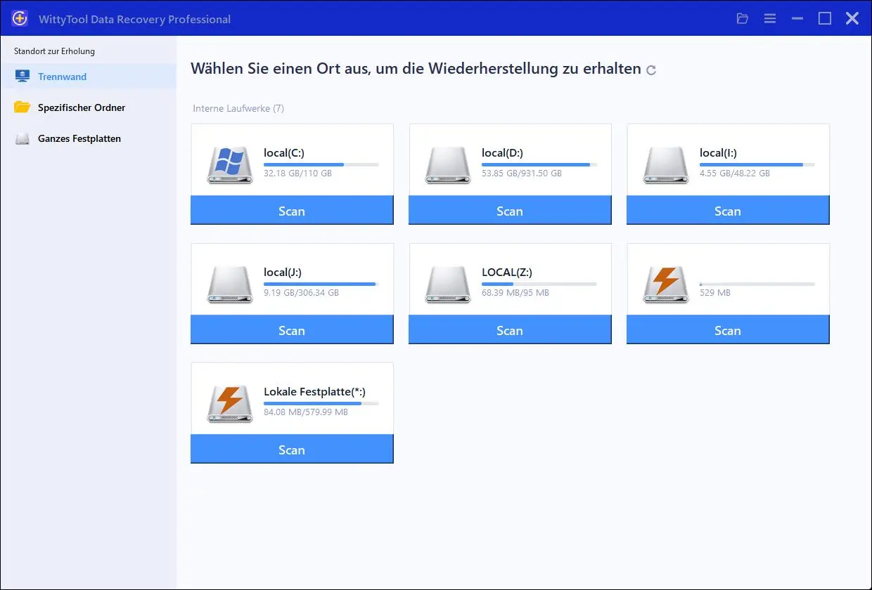 Wählen Sie das Laufwerk oder die Partition aus, auf der der Datenverlust aufgetreten ist. Verlorene Partitionen werden in diesem Abschnitt angezeigt.