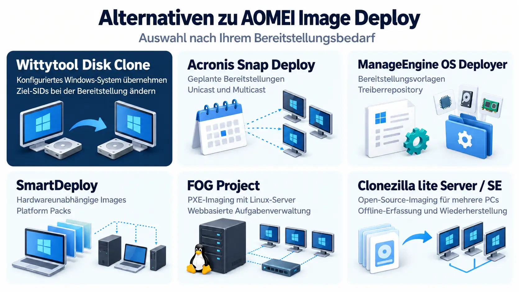 Sechs Alternativen zu AOMEI Image Deploy nach ihren Bereitstellungsschwerpunkten, mit Wittytool Disk Clone an erster Stelle.