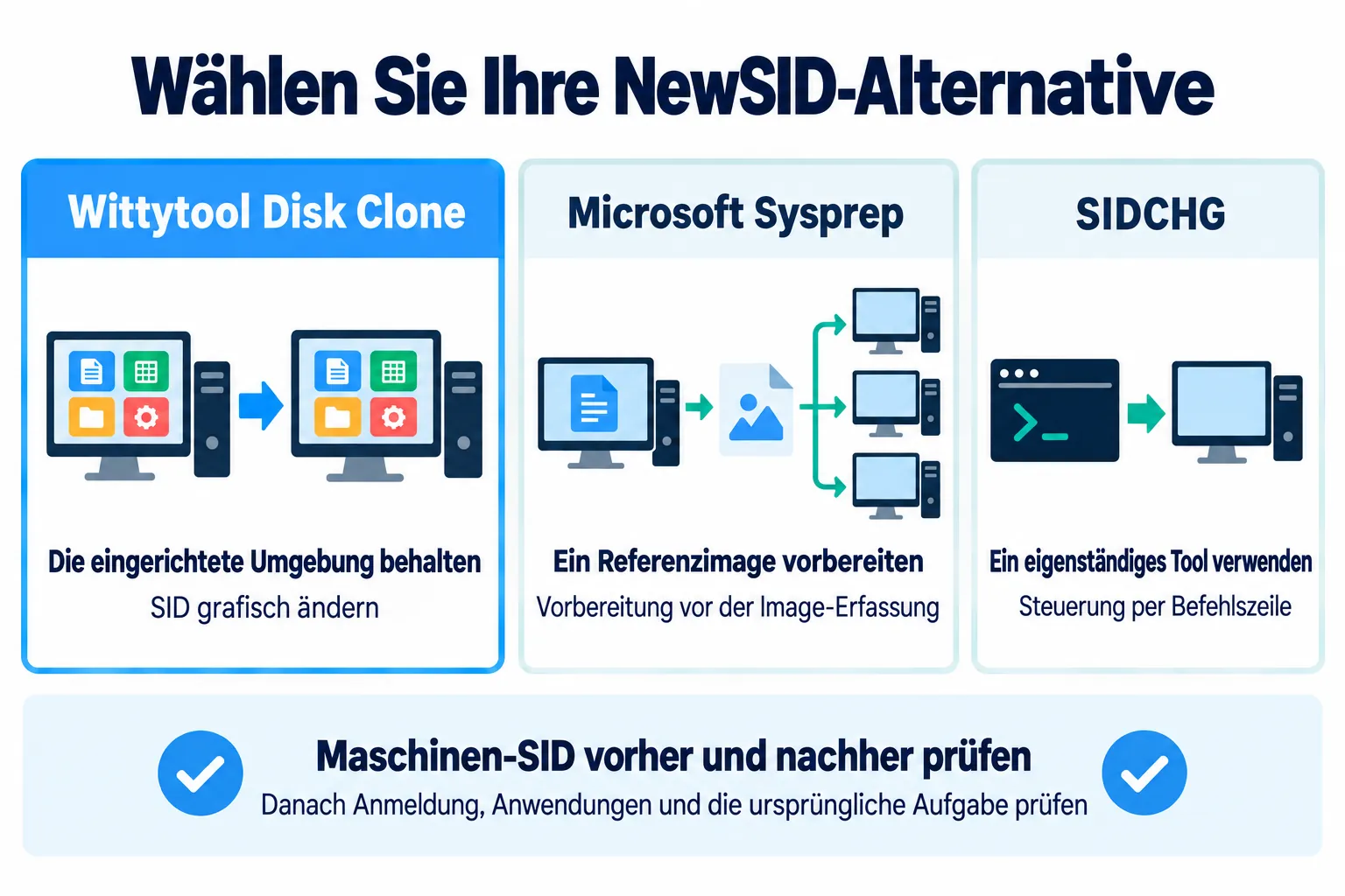 NewSID-Alternativen nach Aufgabe: Wittytool Disk Clone zum Erhalt einer eingerichteten Windows-Umgebung, Microsoft Sysprep zur Referenzimage-Vorbereitung und SIDCHG für SID-Änderungen per Befehlszeile.