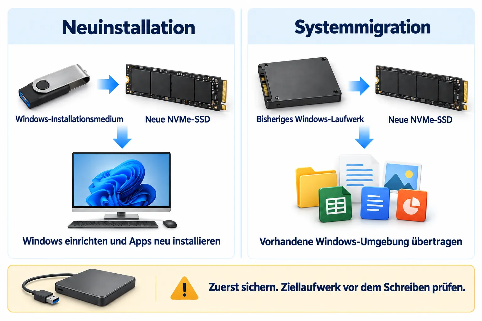 Vergleich zwischen einer Windows-Neuinstallation per USB-Stick und der Übertragung einer vorhandenen Windows-Installation auf eine neue NVMe-SSD, mit Hinweis auf Datensicherung und Zielprüfung.