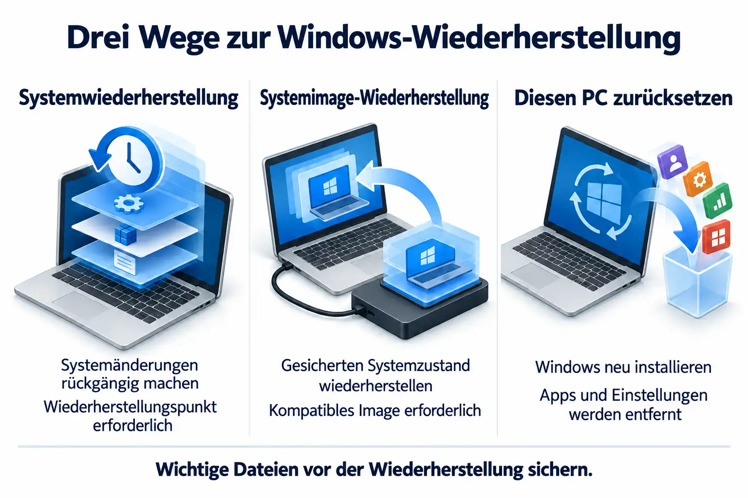 Systemwiederherstellung, Systemimage-Wiederherstellung und Zurücksetzen des PCs im Vergleich nach Zweck und Voraussetzungen.