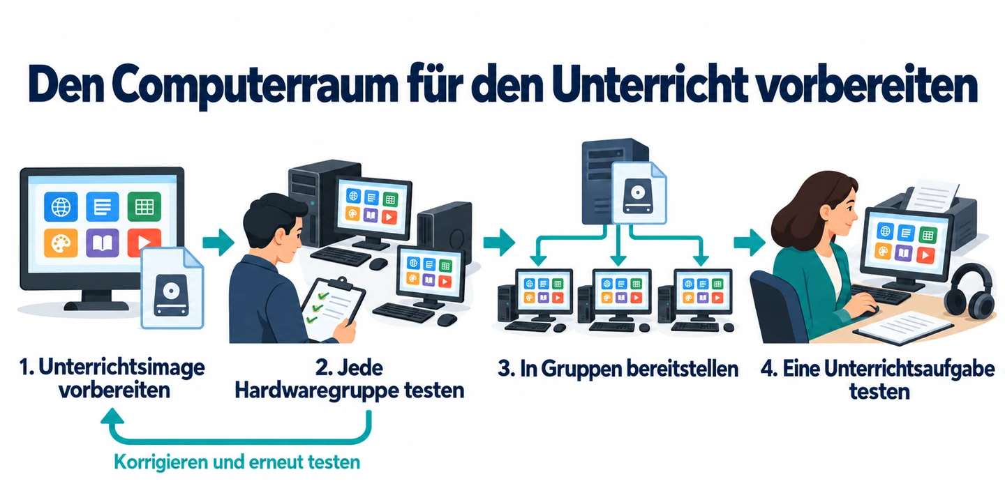 Ablauf für die Bereitstellung im Computerraum: Unterrichtsimage vorbereiten, jede Hardwaregruppe testen, in Gruppen bereitstellen und eine Unterrichtsaufgabe prüfen. Fehlgeschlagene Pilotversuche führen zur Korrektur und erneuten Prüfung zurück.