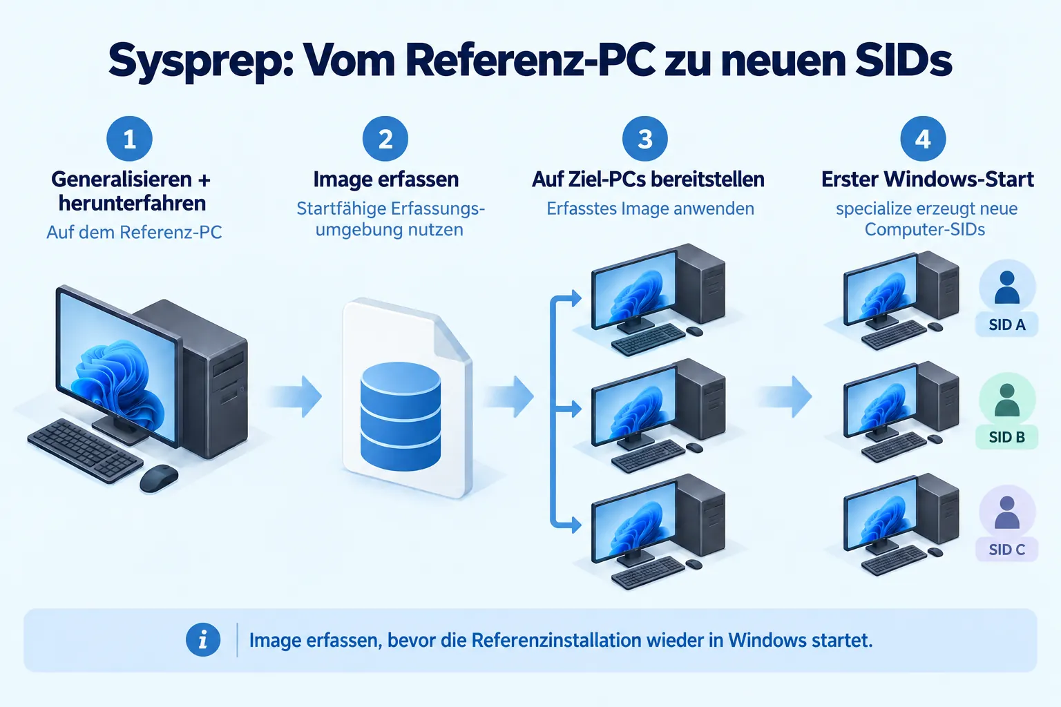 Sysprep-Ablauf mit Generalisierung und Herunterfahren, Image-Erfassung, Bereitstellung und neuen Computer-SIDs beim ersten Start.