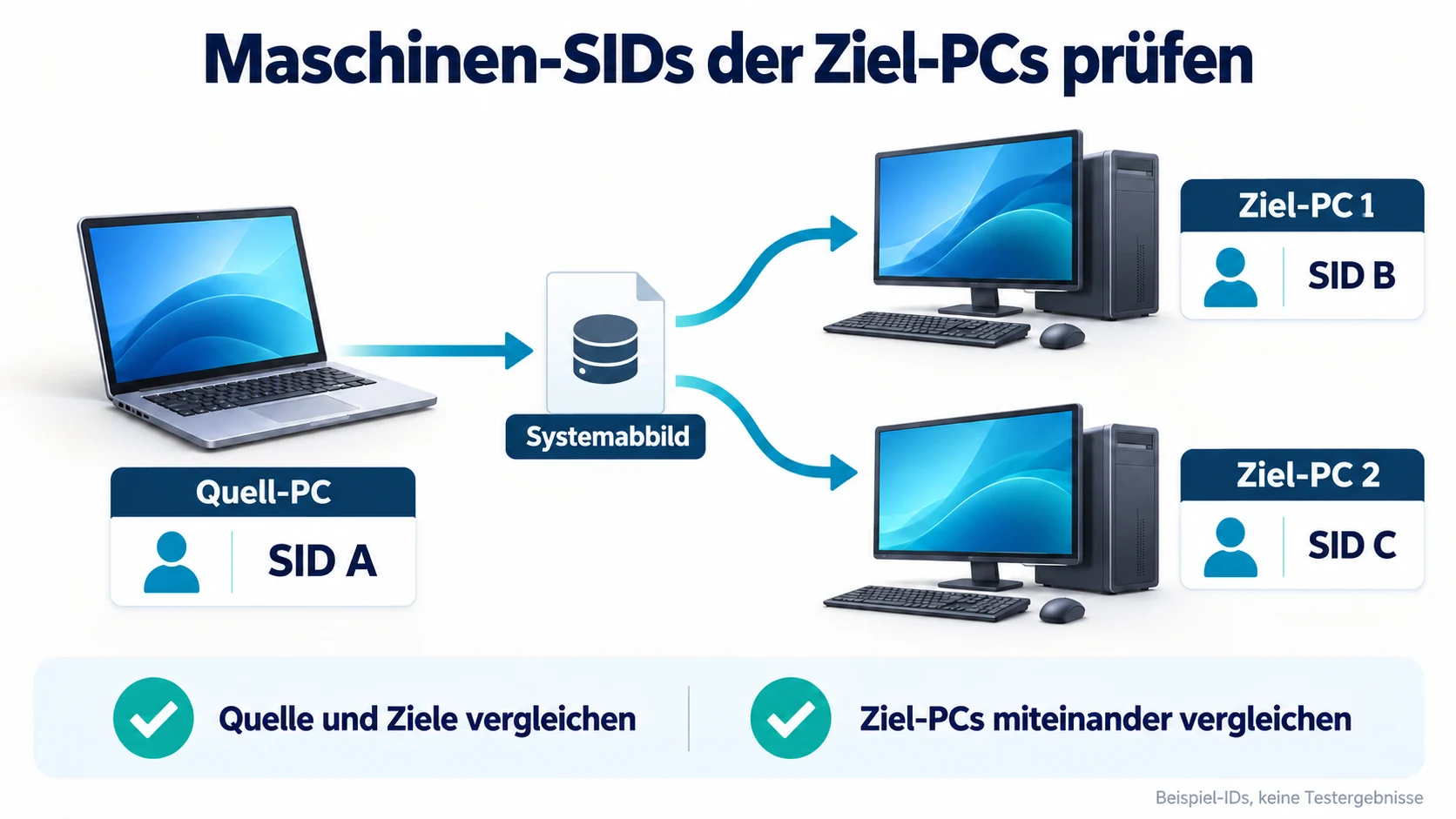 Schematischer Vergleich von SID A des Quell-PCs mit SID B und SID C der Ziel-PCs; geprüft werden Quelle und Ziele sowie die Ziel-PCs untereinander.