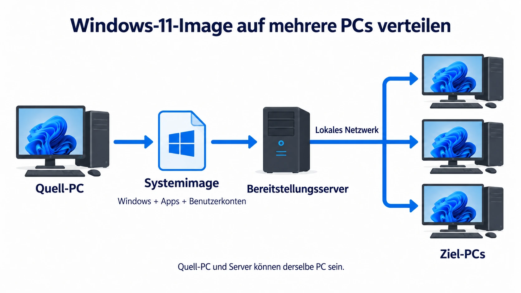 Ein Windows-11-Systemimage wird vom Quell-PC über einen Bereitstellungsserver im lokalen Netzwerk an mehrere Ziel-PCs verteilt.
