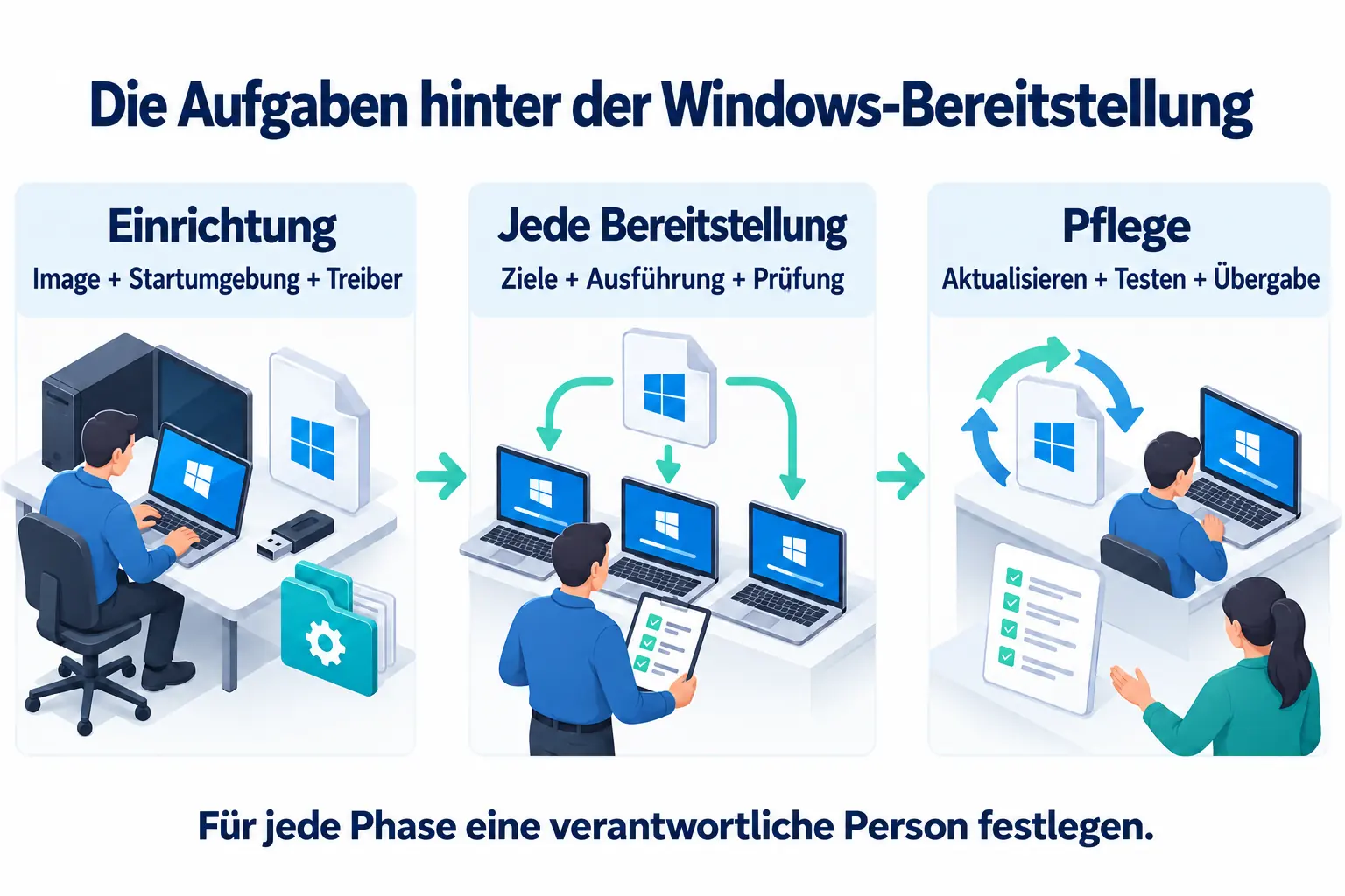 Aufgaben bei der Windows-Bereitstellung in den Phasen Einrichtung, jeder Bereitstellung und Pflege, jeweils mit einer verantwortlichen Person.