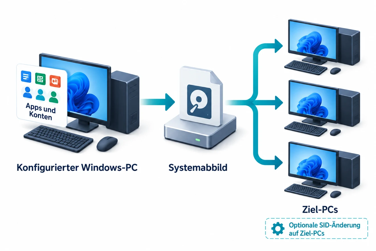 Ein eingerichteter Windows-PC wird als Systemabbild auf mehrere Ziel-PCs übertragen, mit optionaler Änderung der Ziel-SIDs.