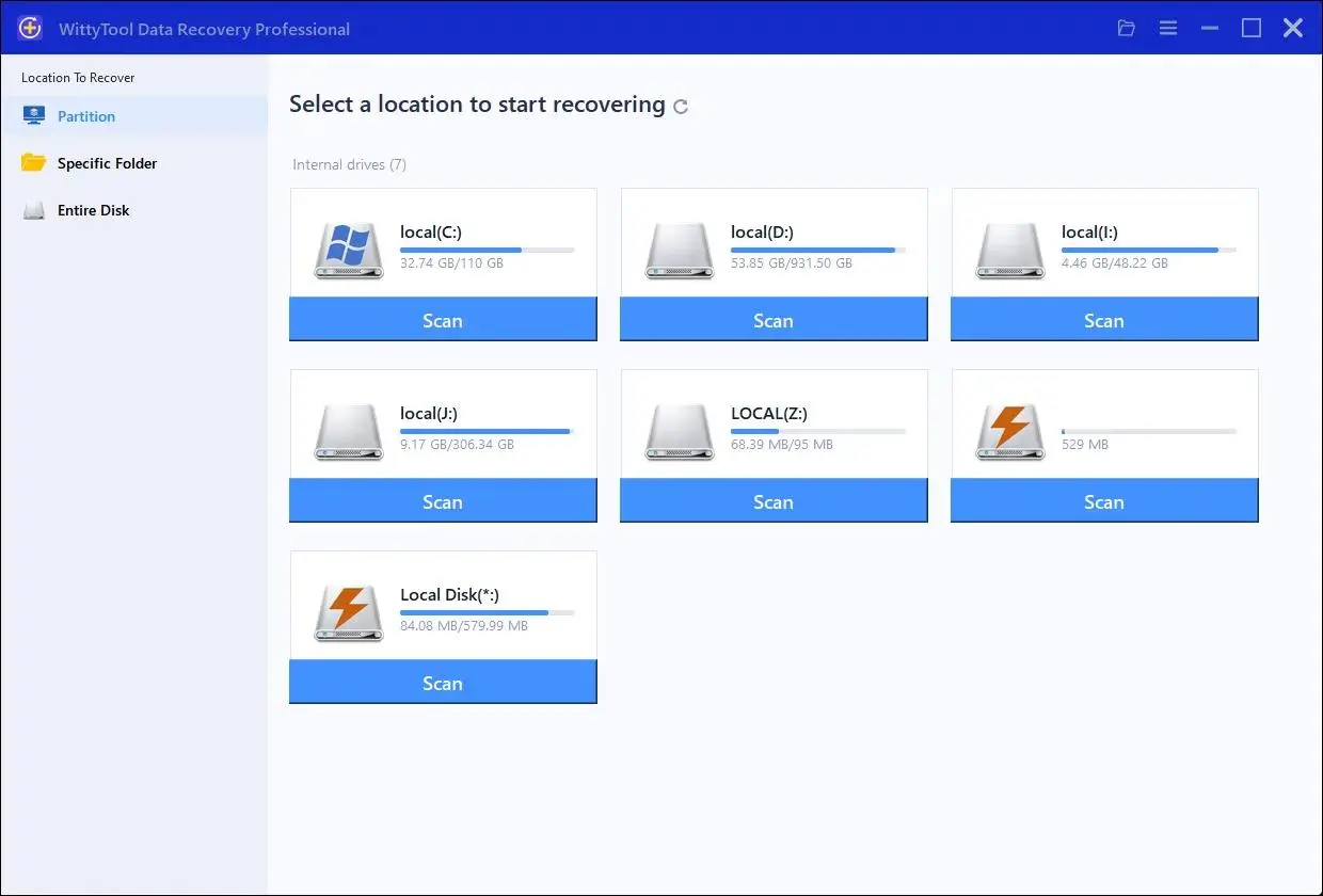 Seleccione la unidad o partición donde se produjo la pérdida de datos. Las particiones perdidas aparecerán en esta sección.