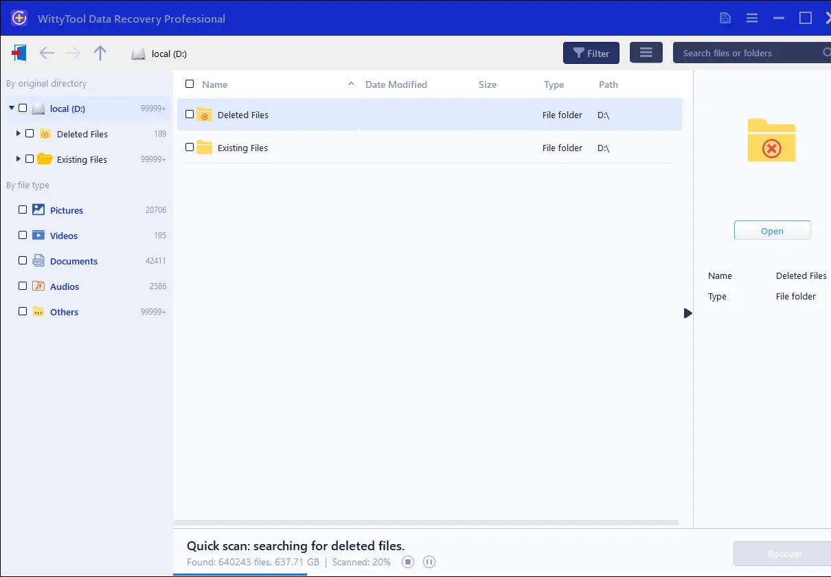 Ejecuta un escaneo (pausable) para detectar archivos recuperables. Utiliza filtros para refinar los resultados por tipo/tamaño/fecha.