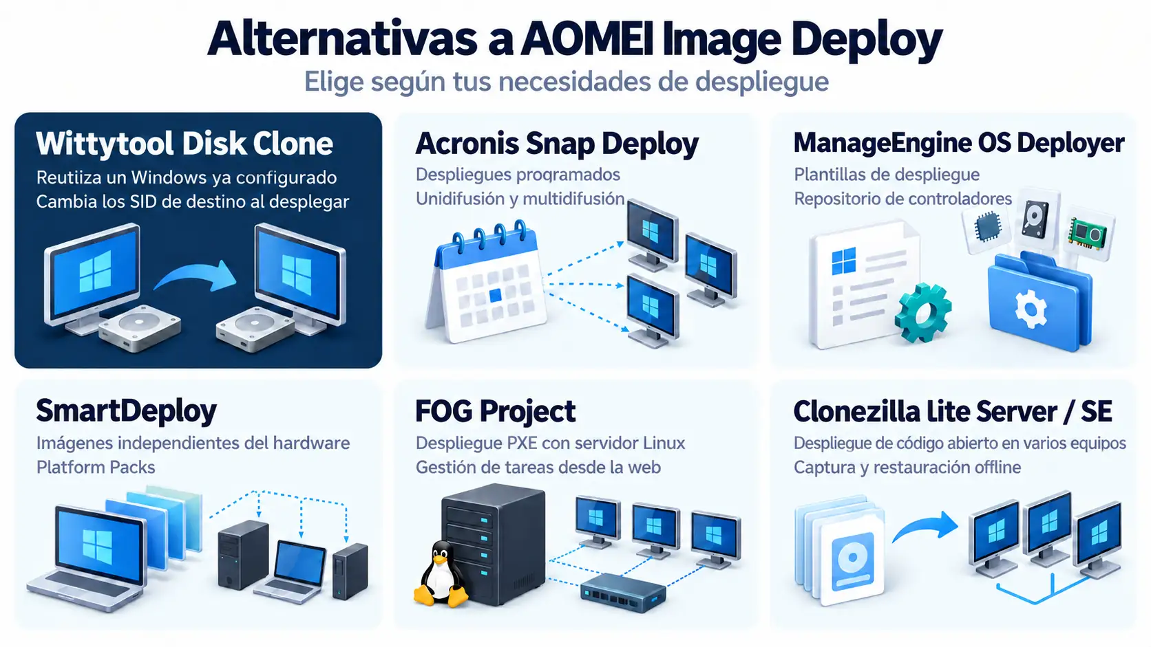 Seis alternativas a AOMEI Image Deploy organizadas según sus puntos fuertes para el despliegue, con Wittytool Disk Clone en primer lugar.