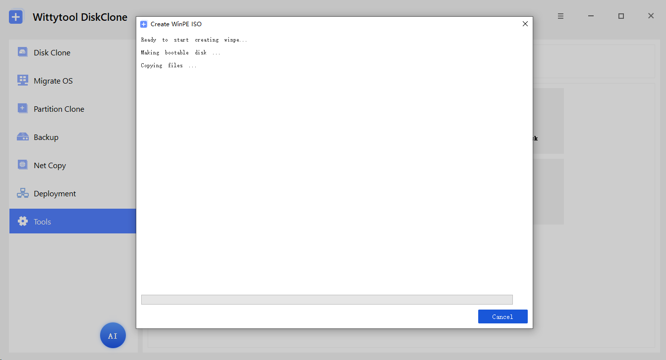Wittytool Disk Clone creando un USB de arranque WinPE y copiando archivos