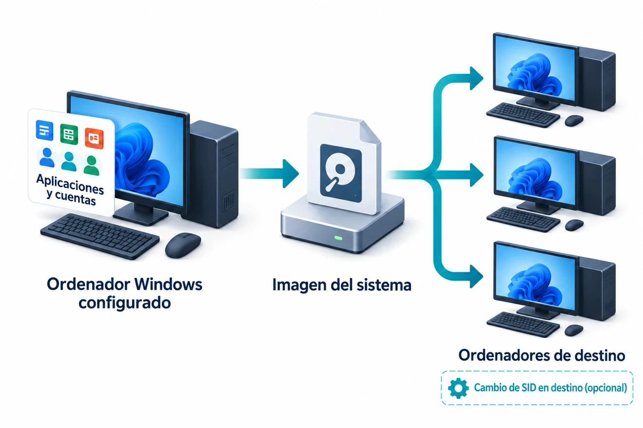 Un ordenador Windows configurado se convierte en una imagen del sistema que se despliega en varios equipos, con cambio opcional del SID de destino.