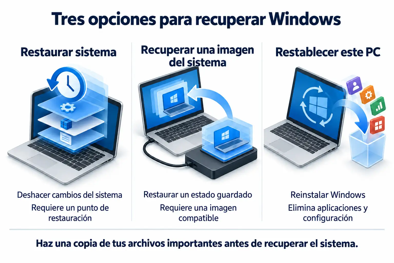 Comparación de Restaurar sistema, la recuperación de una imagen del sistema y Restablecer este PC según su finalidad y requisitos.