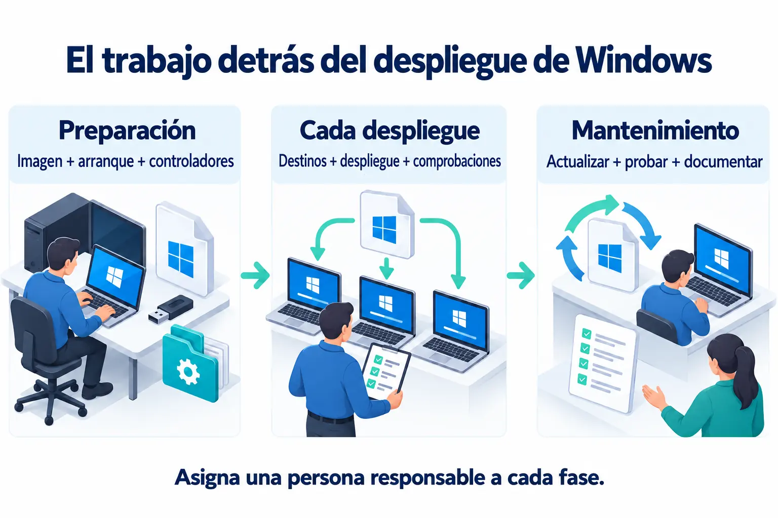 Responsabilidades del despliegue de Windows durante la preparación, cada despliegue y el mantenimiento, con una persona asignada a cada fase.