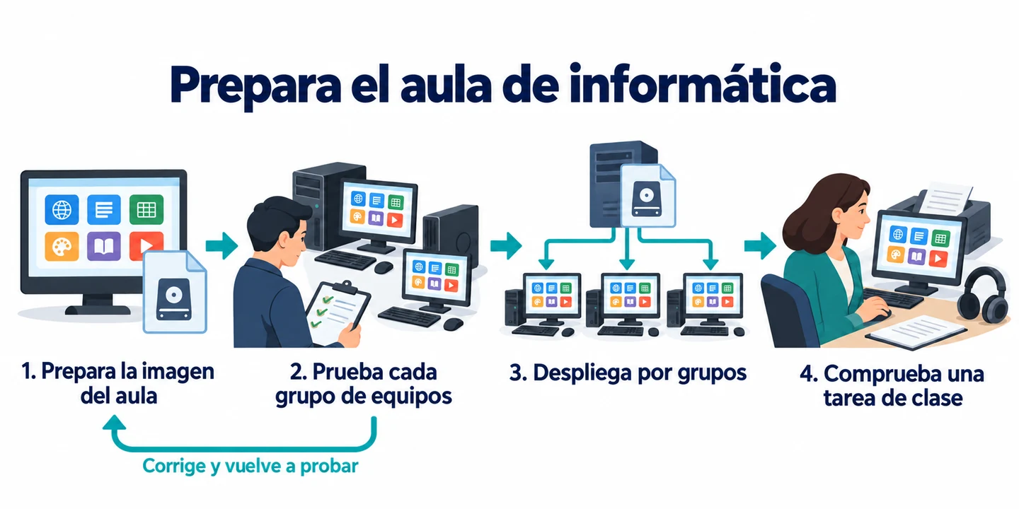Proceso de despliegue en un aula de informática: preparar la imagen, probar cada grupo de hardware, desplegar por grupos y comprobar una actividad de clase. Si falla la prueba piloto, se corrige y se vuelve a probar.