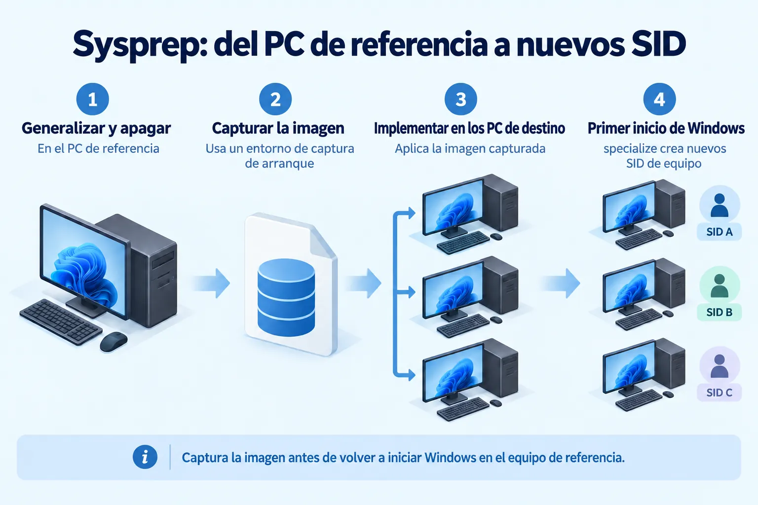 Proceso de Sysprep: generalizar y apagar, capturar la imagen, implementarla y generar nuevos SID de equipo durante el primer inicio.