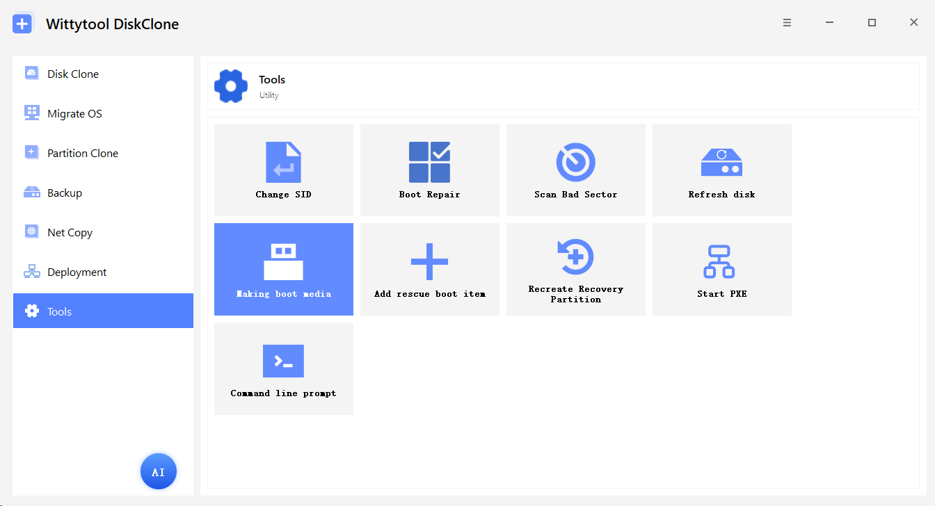 Wittytool Disk Cloneのツール画面で起動メディアの作成を選択した状態