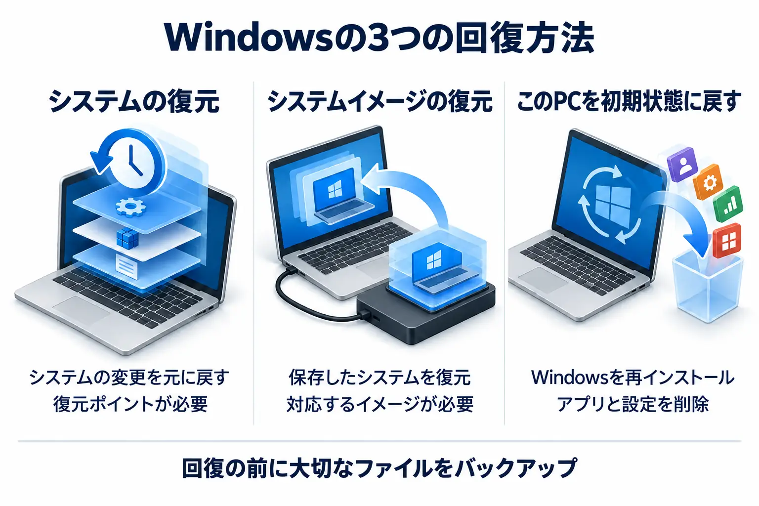 システムの復元、システムイメージの復元、PCの初期化を、目的と必要な準備で比較した図。