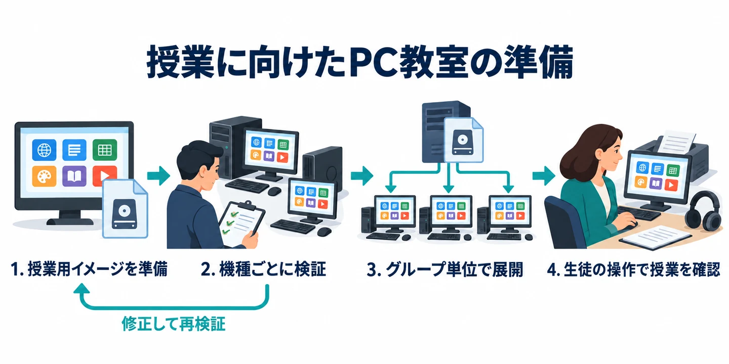 PC教室への展開手順。授業用イメージを準備し、機種ごとに検証してからグループ単位で展開し、生徒の操作で授業を確認する。試験展開で問題があれば修正して再検証する。