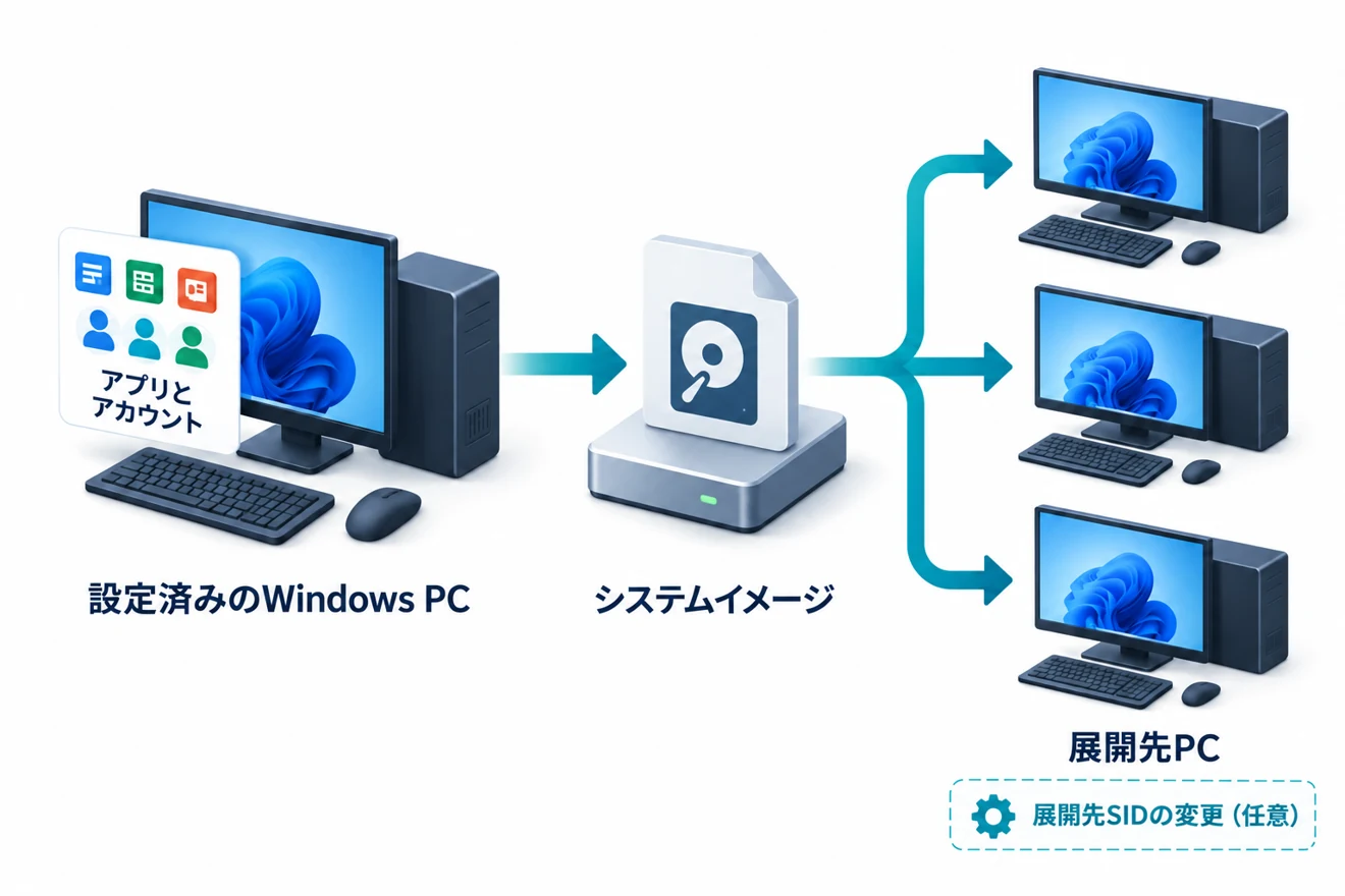 設定済みのWindows PCから作成したシステムイメージを複数のPCへ展開し、展開先SIDは必要に応じて変更する流れ。