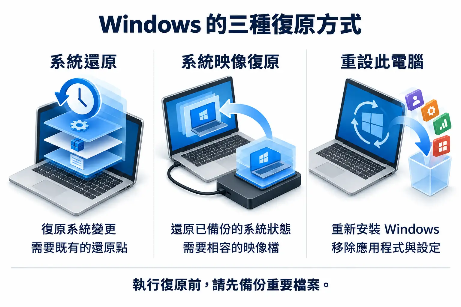 比較系統還原、系統映像復原與重設此電腦的用途及必要條件。