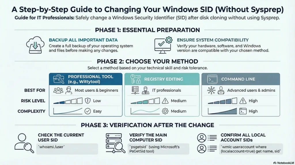 Infographic showing step-by-step methods to change Windows SID in Windows 10 and Windows 11 after disk cloning, including using Wittytool Disk Clone, manual registry editing, and command line methods, with risk levels, complexity, verification steps, and troubleshooting tips.