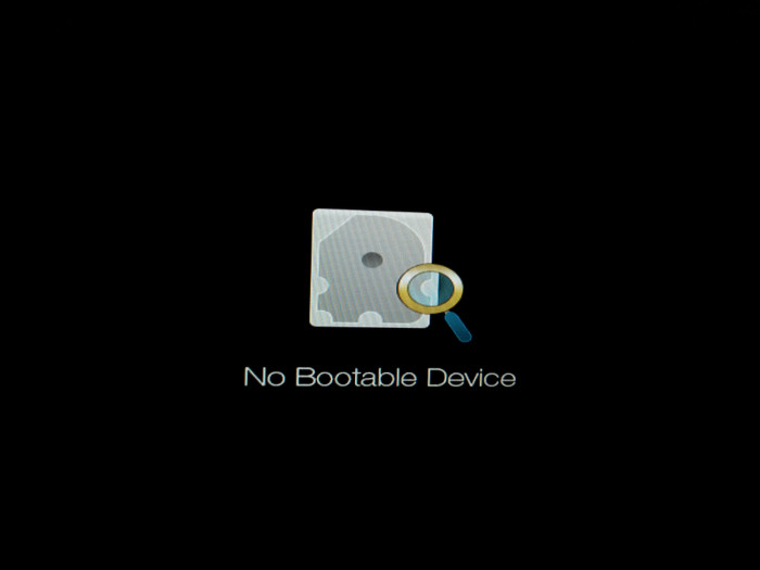 A laptop displaying a No bootable device error after SSD cloning