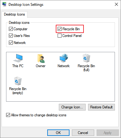 desktop icon settings for recycle bin