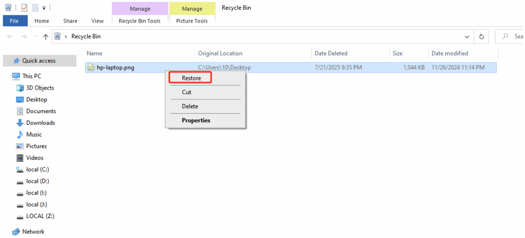restore from recycle bin