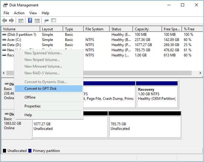 convert mbr to gpt by disk management