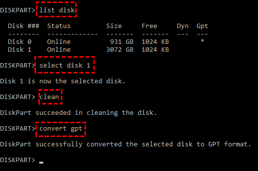 convert mbr to gpt by cmd (diskpart)