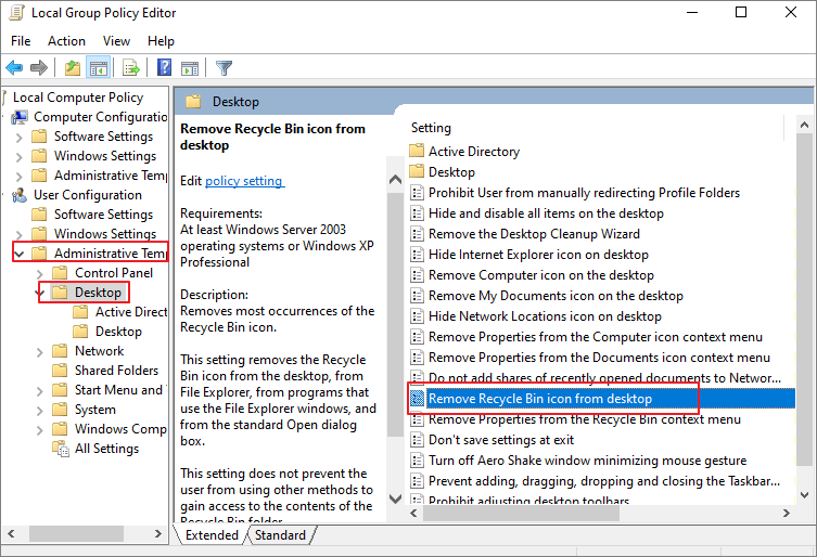 Hide Recycle Bin from Desktop with Local Group Policy Editor 2