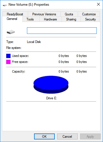 disk shows 0 bytes