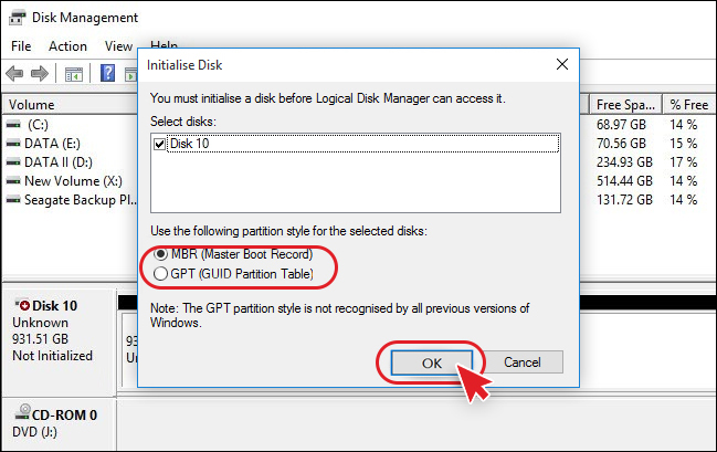 initialize disk to mbr gpt