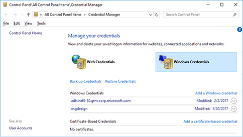 Windows Credential Manager with Windows Credentials selected