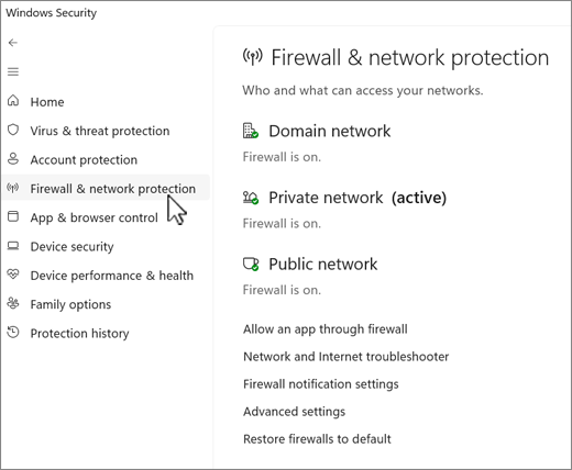 Windows Security showing Firewall and network protection with the firewall on