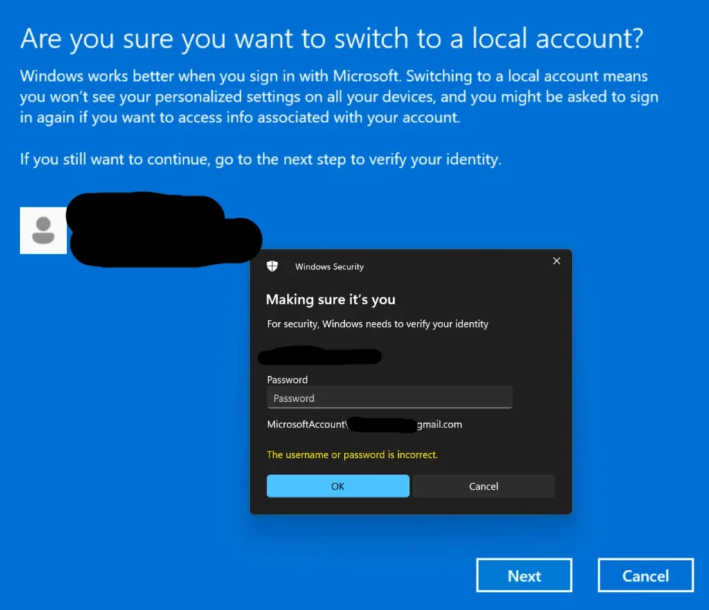 username or password incorrect