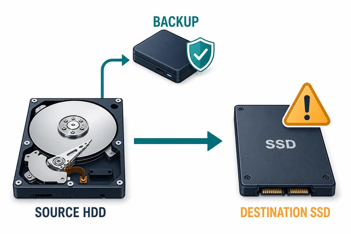Diagram showing the source HDD, a separate backup, and the destination SSD