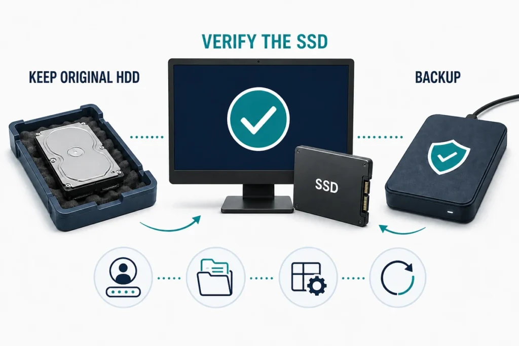 Post-clone verification diagram showing the original HDD and backup retained while the SSD is checked