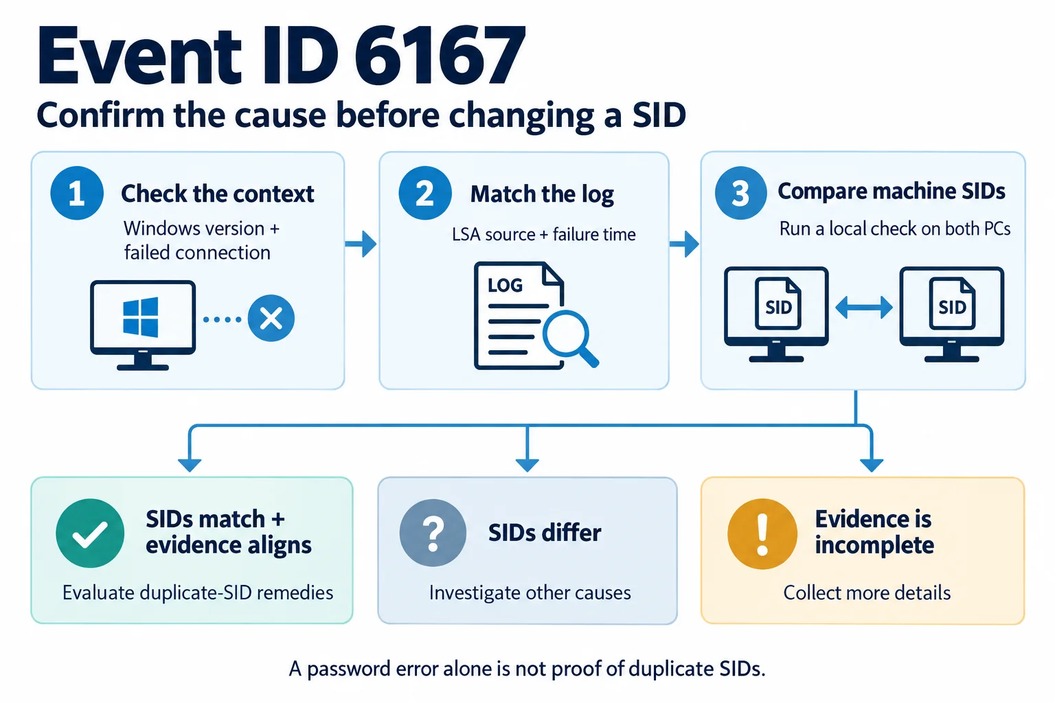 Event ID 6167 diagnostic flow comparing context, LSA logs, and machine SIDs before choosing a recovery path.