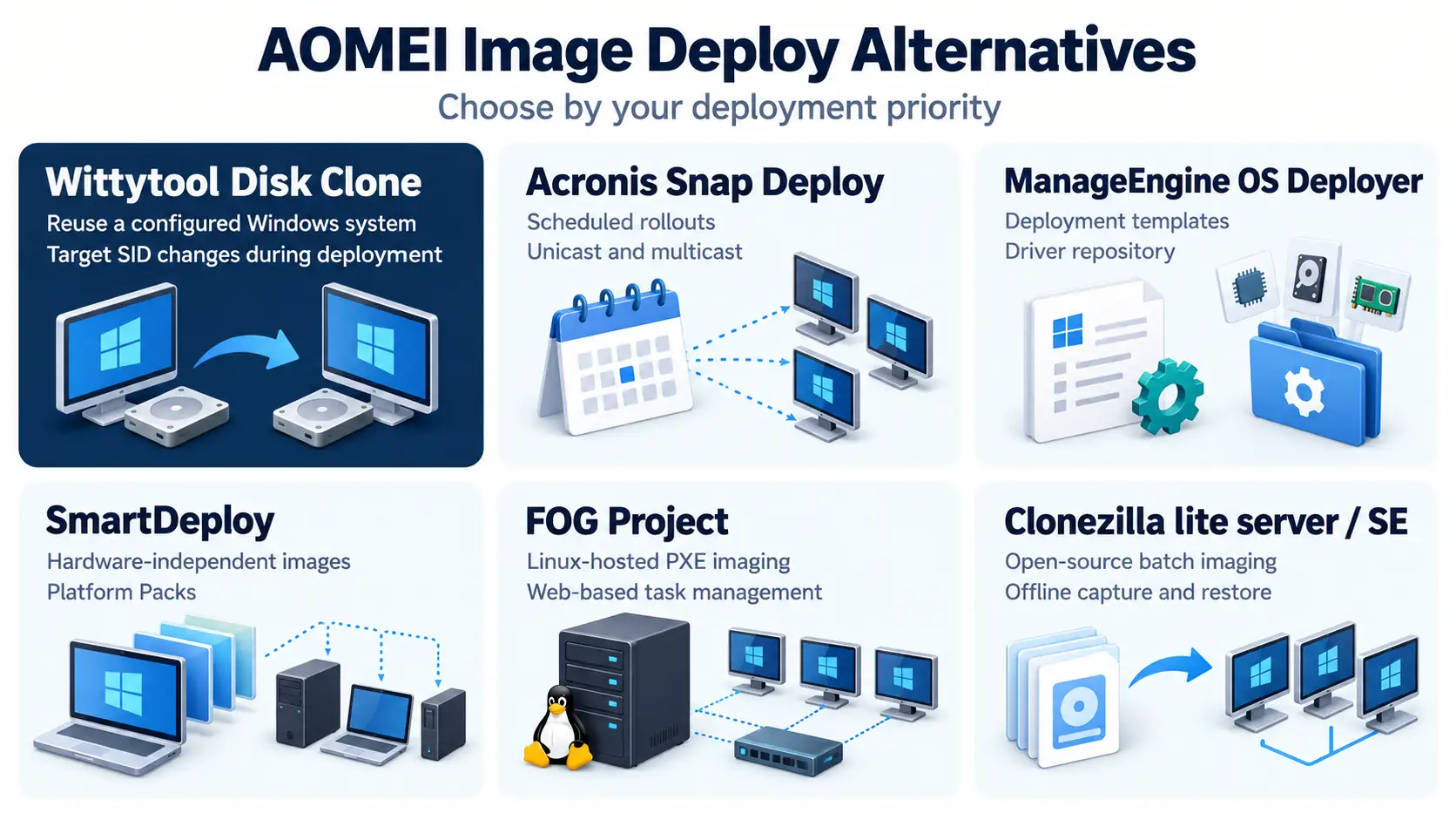 Six AOMEI Image Deploy alternatives organized by their deployment strengths, with Wittytool Disk Clone first.