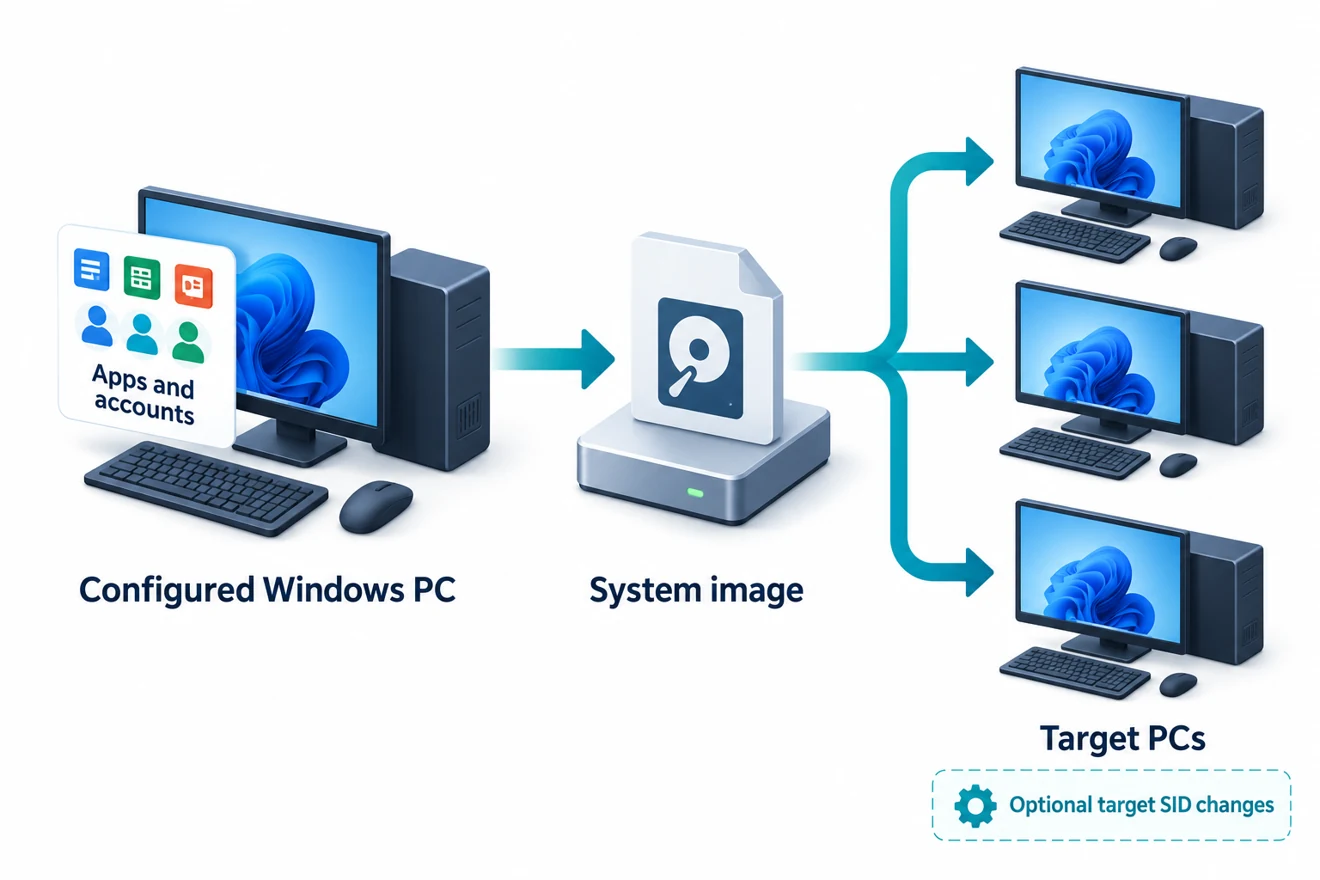 A configured Windows PC becomes a system image deployed to multiple target PCs, with optional target SID changes.