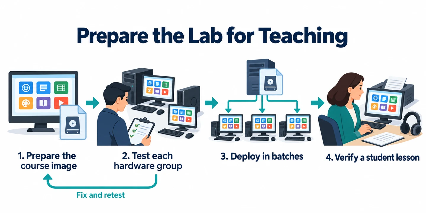 School lab deployment workflow: prepare the course image, test each hardware group, deploy in batches, and verify a student lesson, with failed pilots returned for correction.