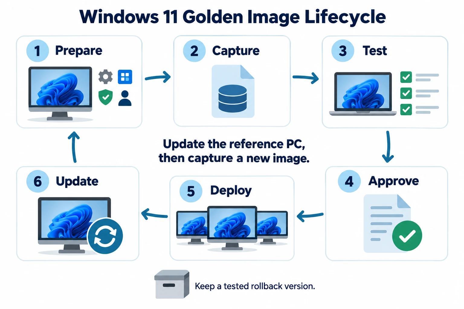 Windows 11 golden image lifecycle showing preparation, capture, testing, approval, deployment, and reference-PC updates, with a tested rollback version retained.