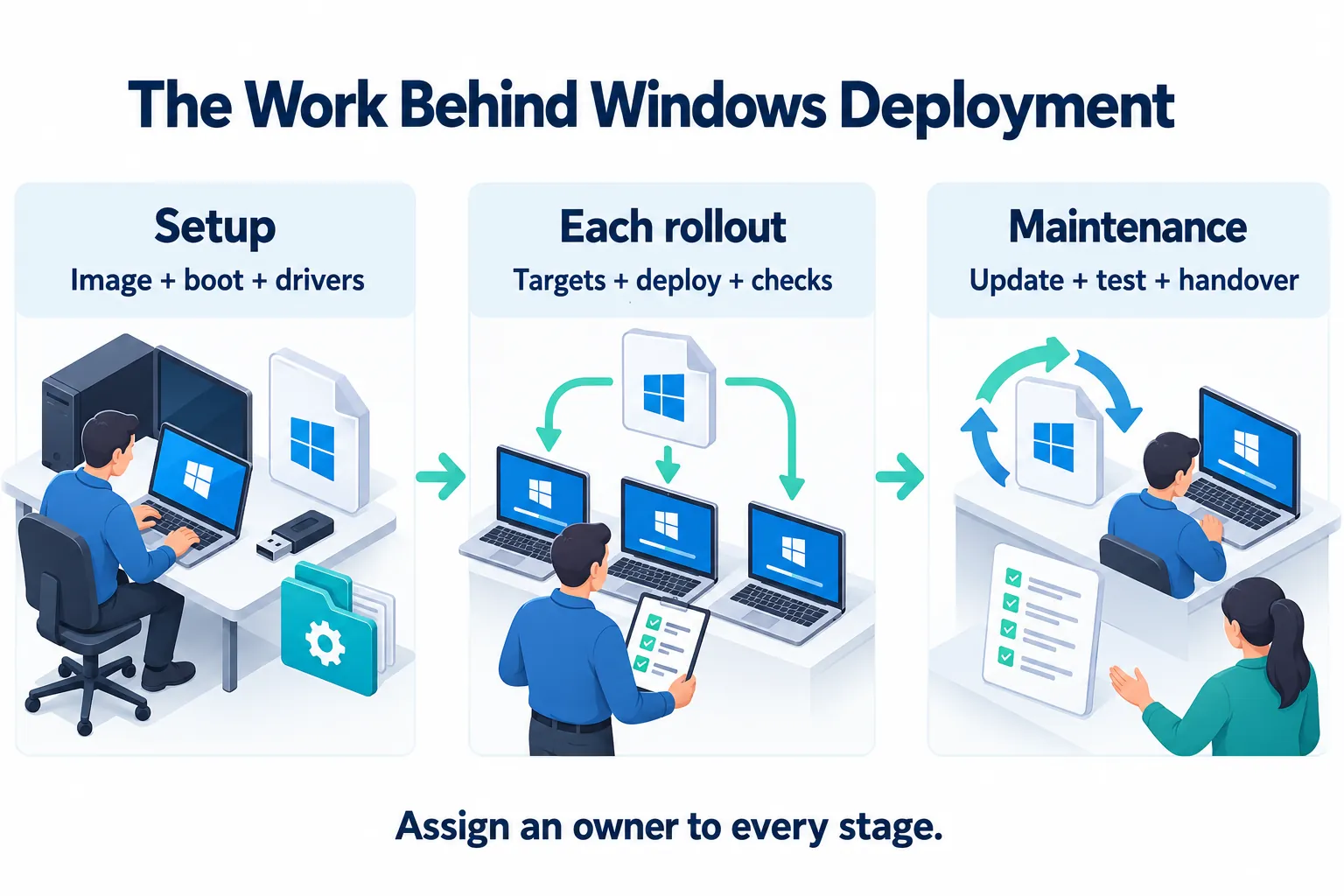Windows deployment responsibilities across setup, each rollout, and maintenance, with an owner assigned to every stage.
